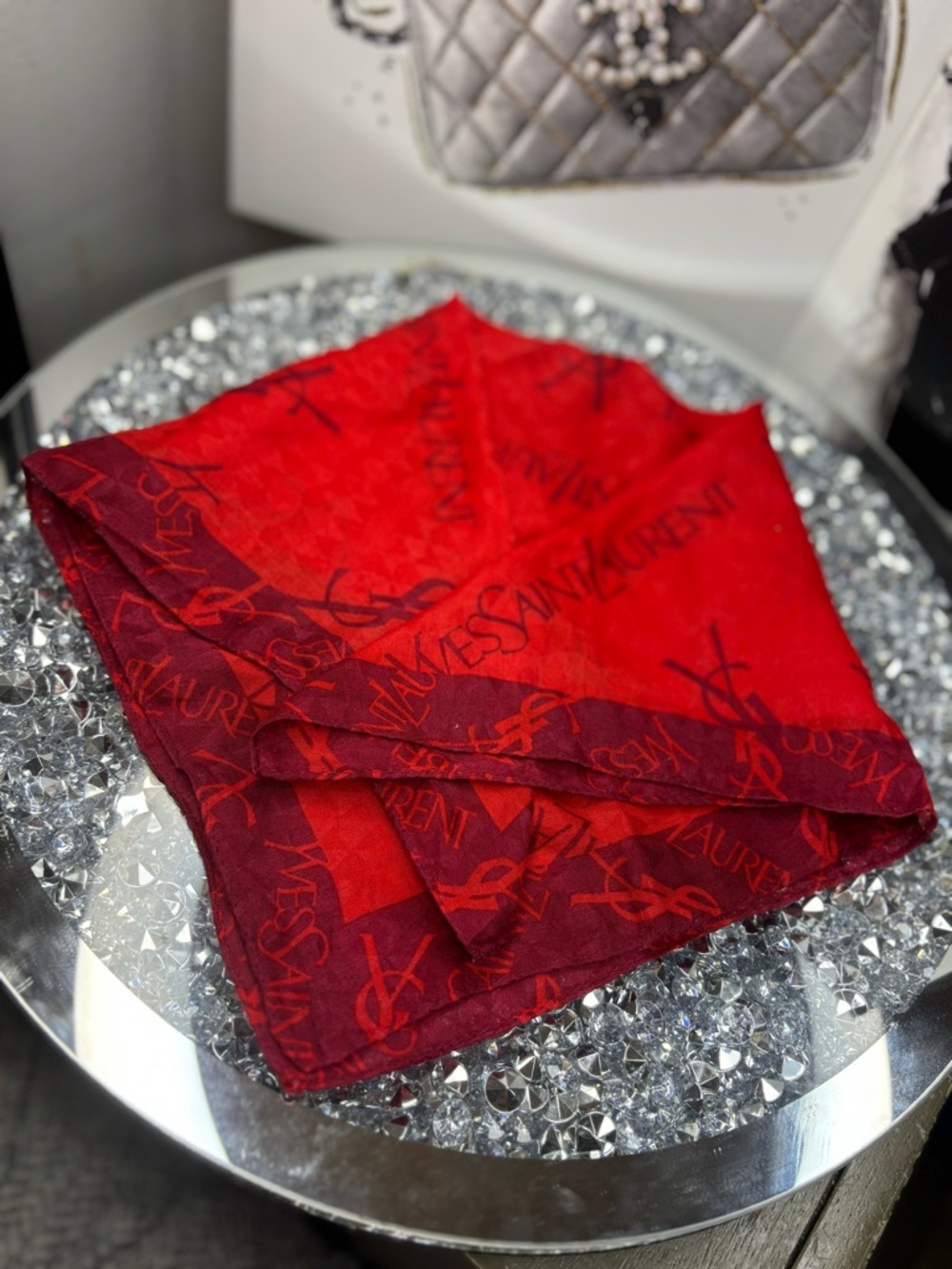 Yves Saint Laurent Red and Burgundy Logo Silk Scarf